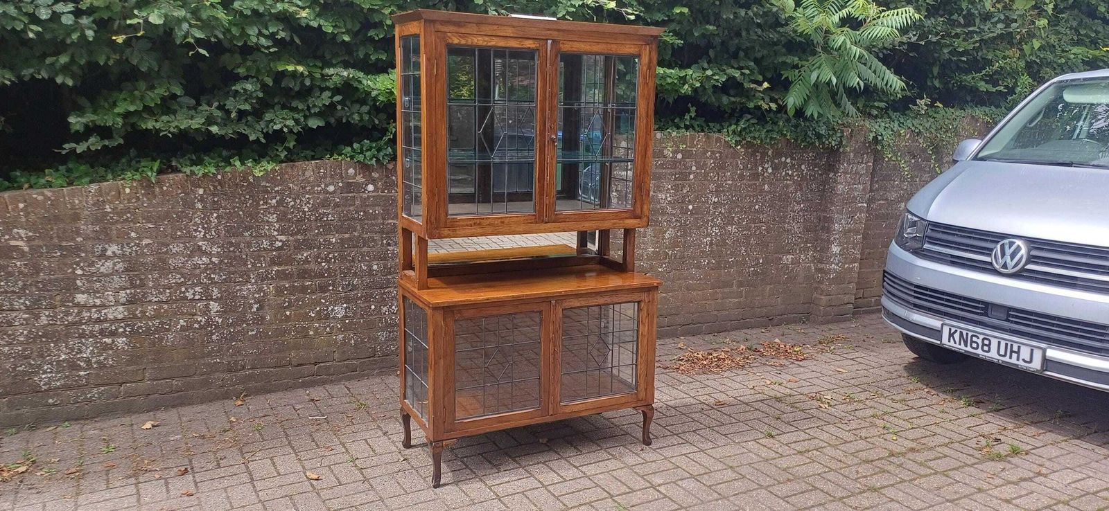 photo for sale Massive Antique Arts & Crafts Oak Display Cabinet Leaded Glass Bookcase With Mirrored Back Glass Shelves Shopfitting