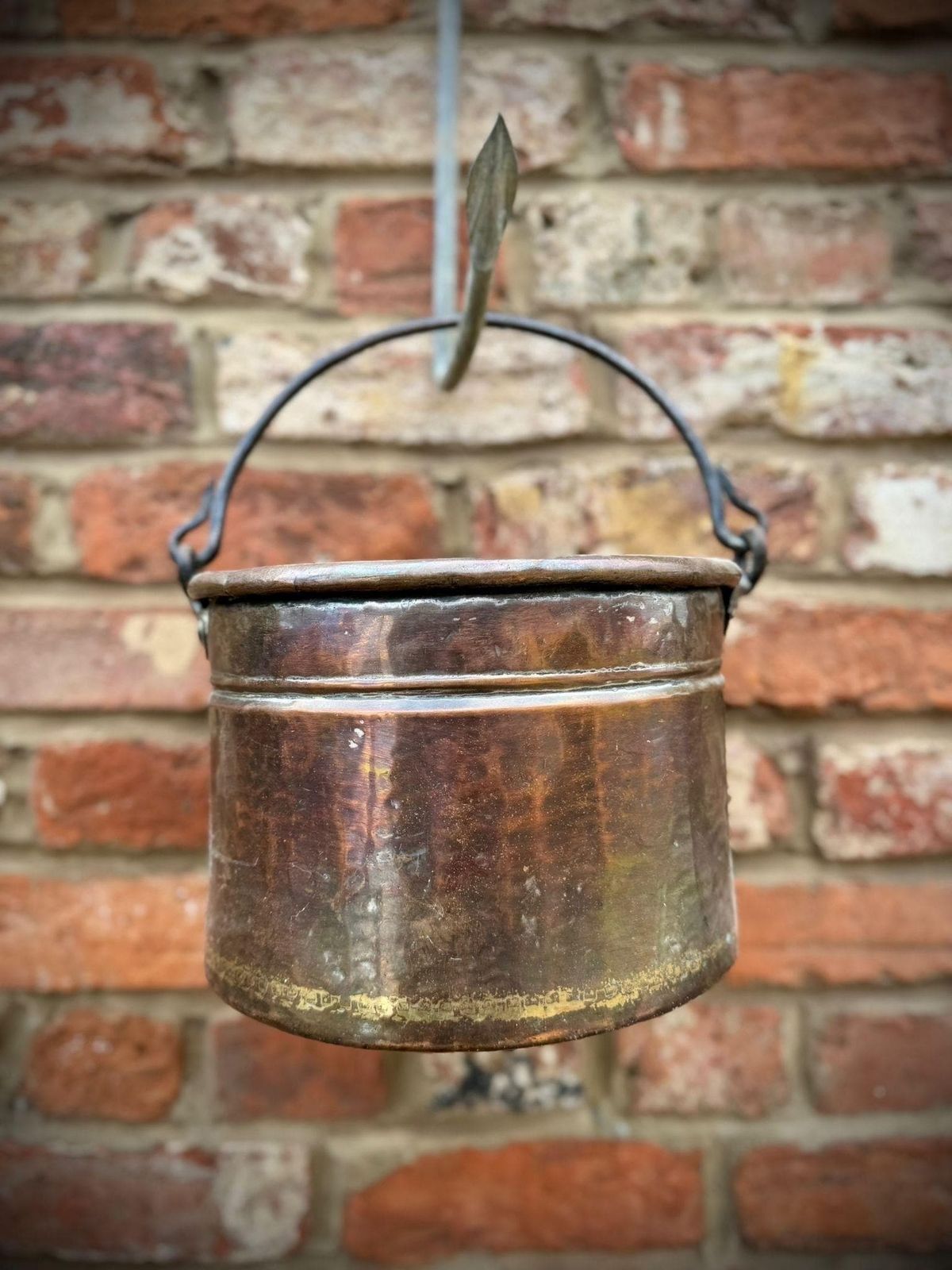 Antique Copper Cauldron Pot With Wrought Iron Handle – Rustic Garden Planter B