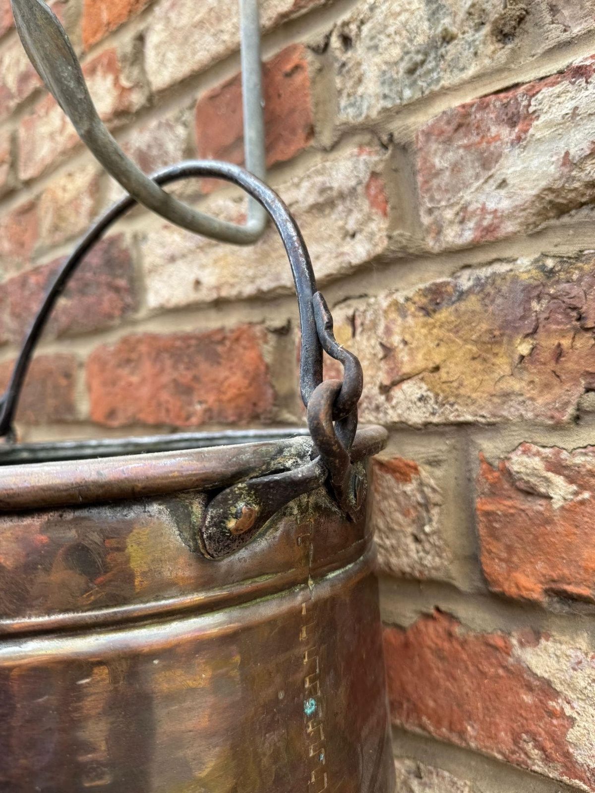Antique Copper Cauldron Pot With Wrought Iron Handle – Rustic Garden Planter B photo Garden Decor