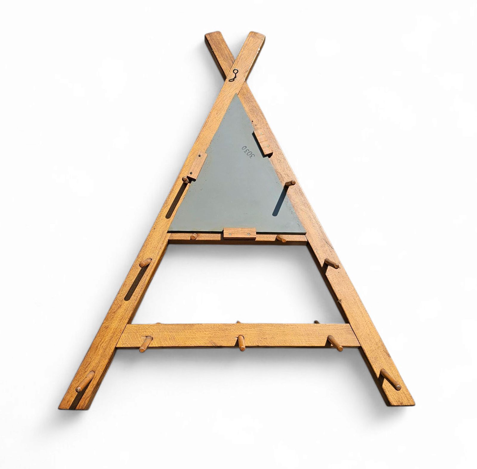 Wooden Wall Coat Rack / Triangular Shape / Triangle Mirror At The Top / 1960s photo for sale