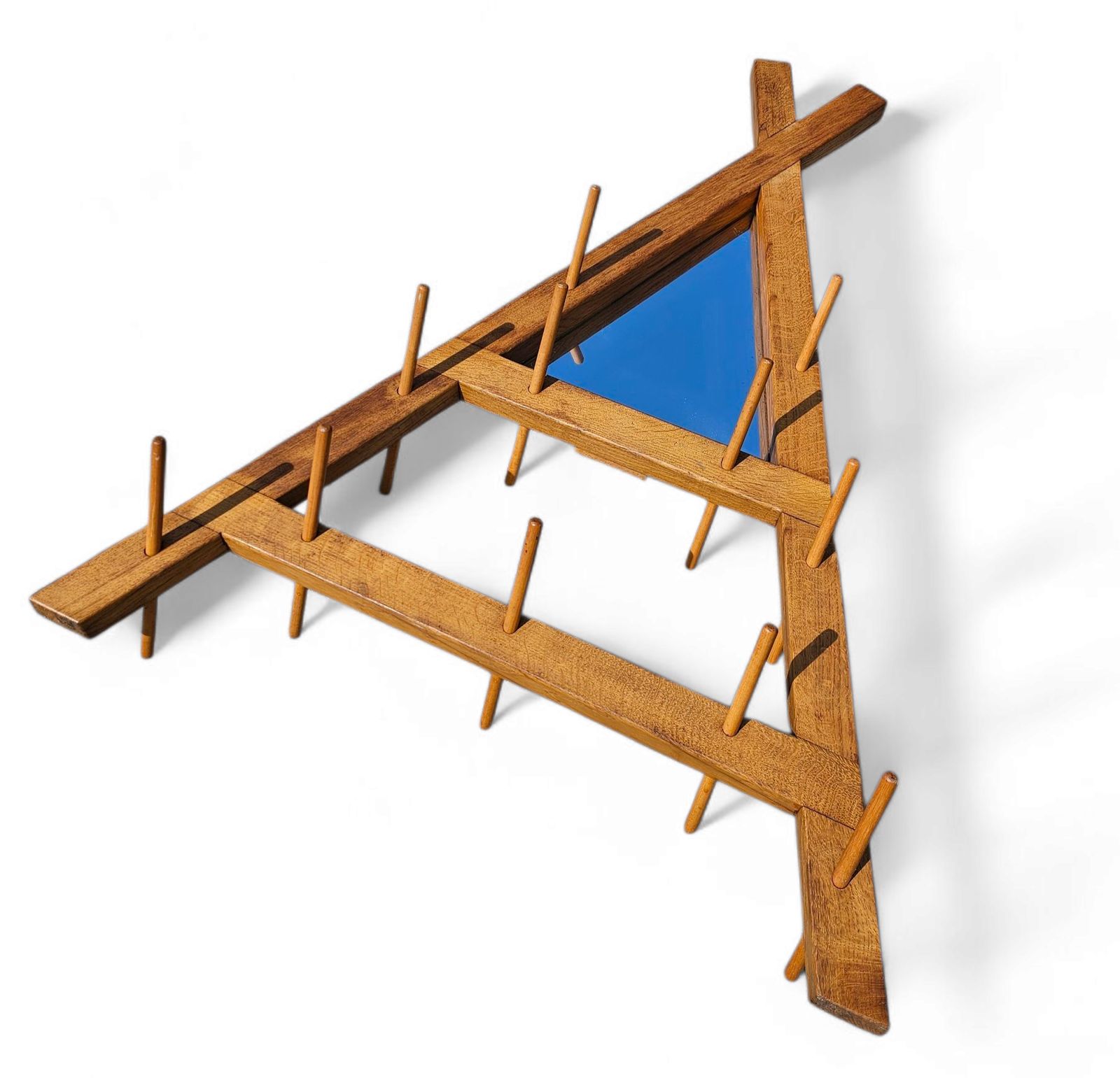 Wooden Wall Coat Rack / Triangular Shape / Triangle Mirror At The Top / 1960s photo Furniture