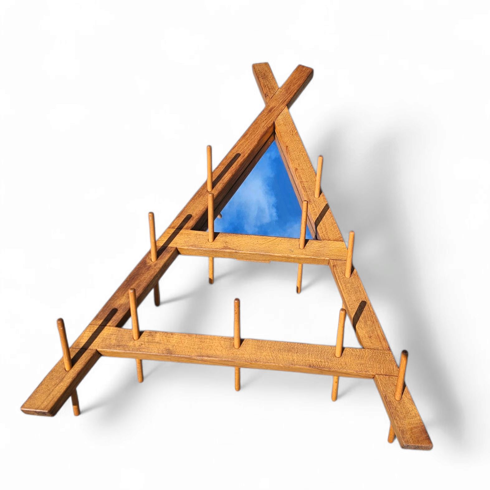 Wooden Wall Coat Rack / Triangular Shape / Triangle Mirror At The Top / 1960s photo 1168.0