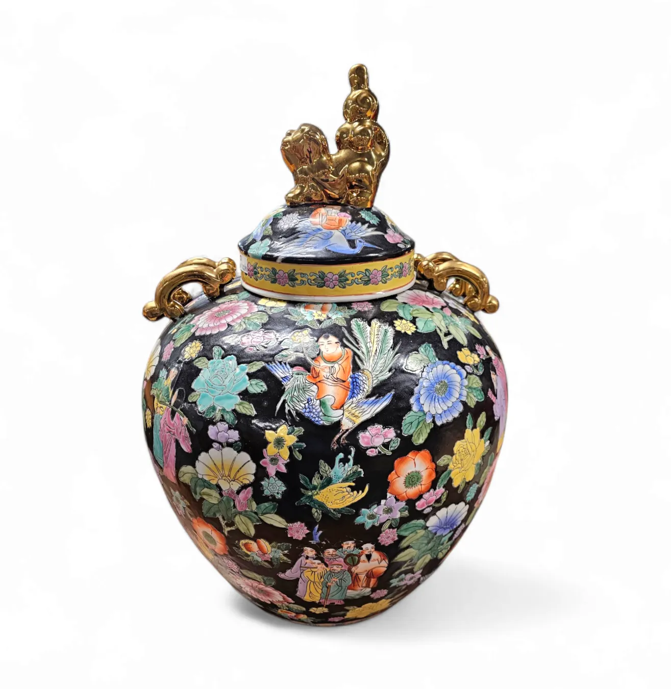 Large Famille Noir Chinese / Porcelain Ginger Jar / Hand Painted / Mille Fleur photo 1593.0
