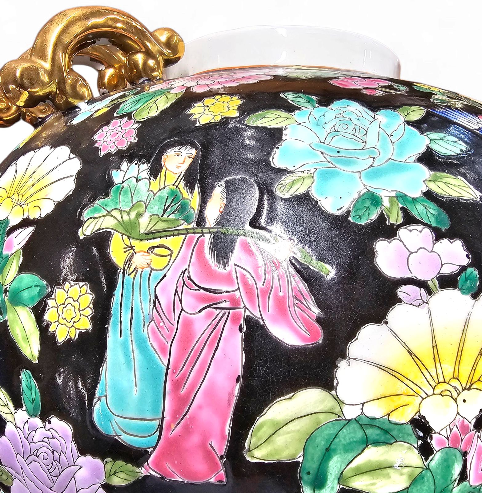 Large Famille Noir Chinese / Porcelain Ginger Jar / Hand Painted / Mille Fleur photo buy
