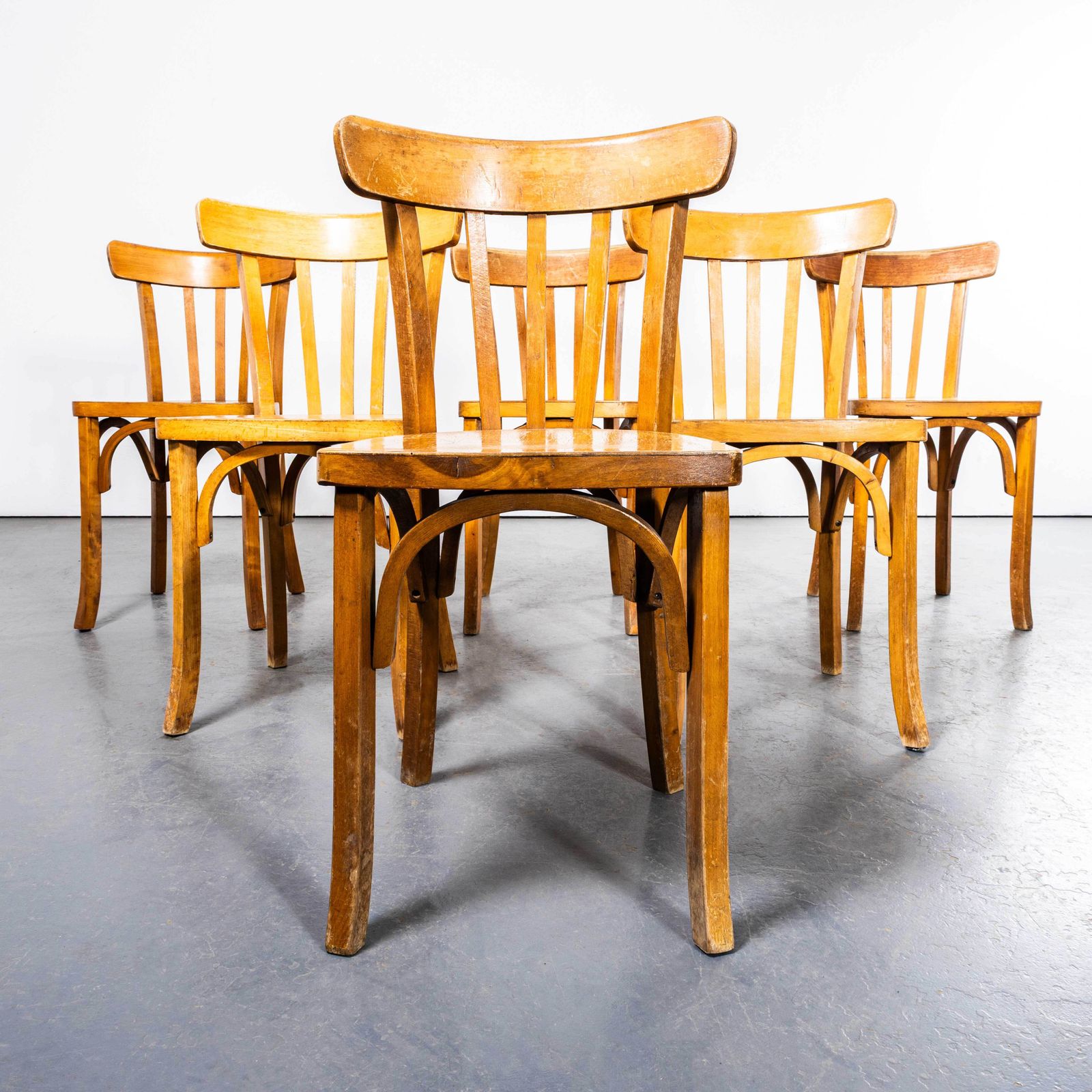 1950’s Standard Flat Seat Bistro Blonde French Dining Chairs   Set Of Six