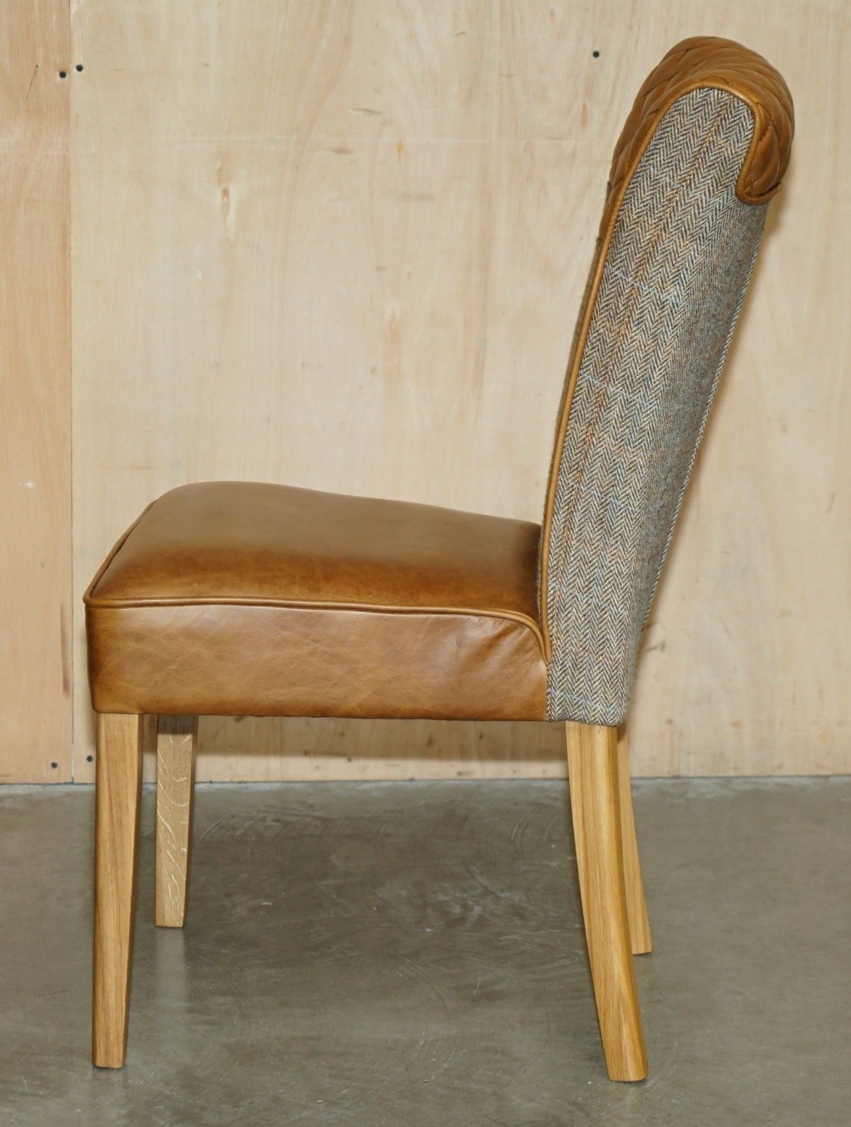 photo vinterior Pair Of Chesterfield Harris Tweed Brown Leather Hall Chairs Part Of Large Suite
