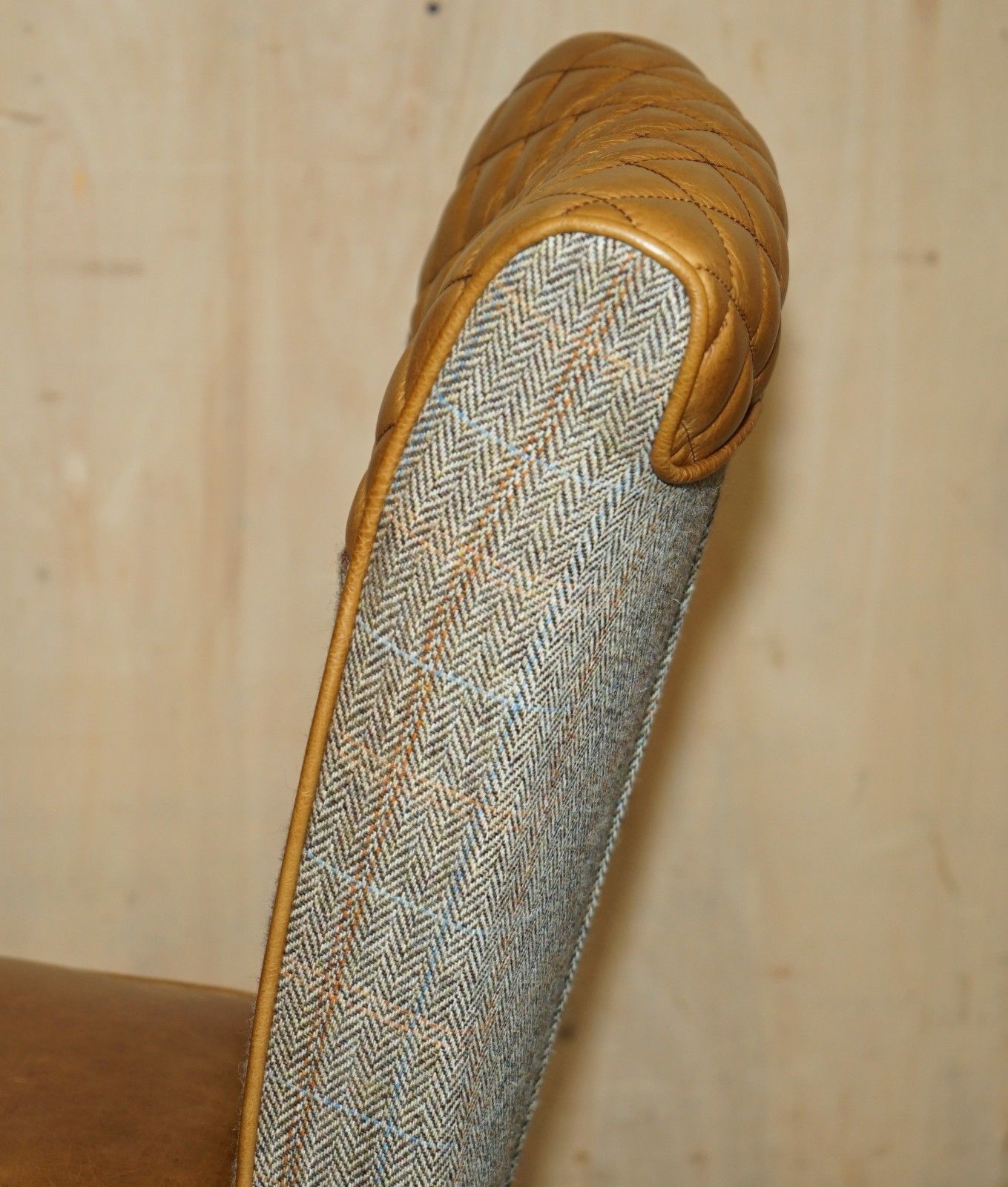 photo buy Pair Of Chesterfield Harris Tweed Brown Leather Hall Chairs Part Of Large Suite