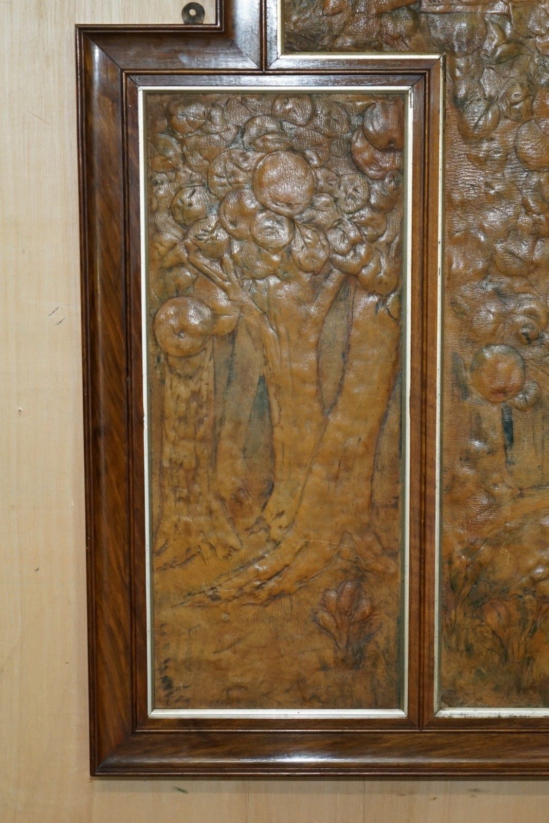 Original 1912 Ada Neville Rolfe Leather Embossed Art Nouveau Mahogany Wall Panel photo furniture