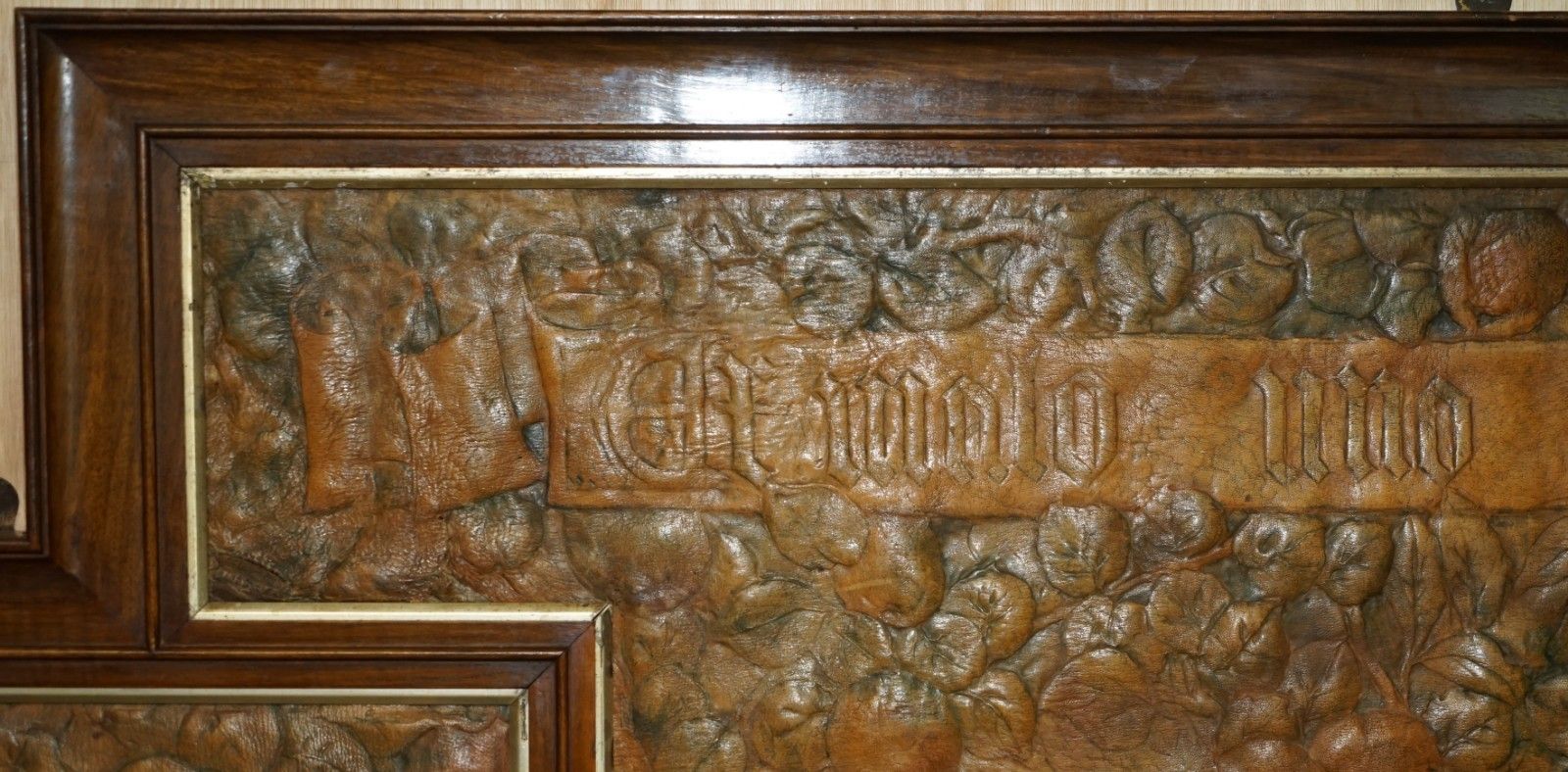 Original 1912 Ada Neville Rolfe Leather Embossed Art Nouveau Mahogany Wall Panel photo vinterior