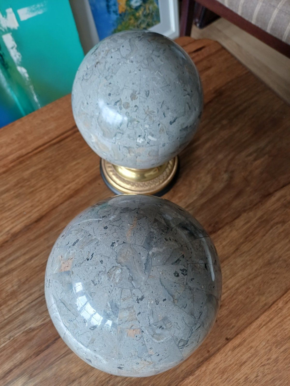 photo furniture Rare Pair Anthony Redmile Globes  Castellated Polished Stone And Signed
