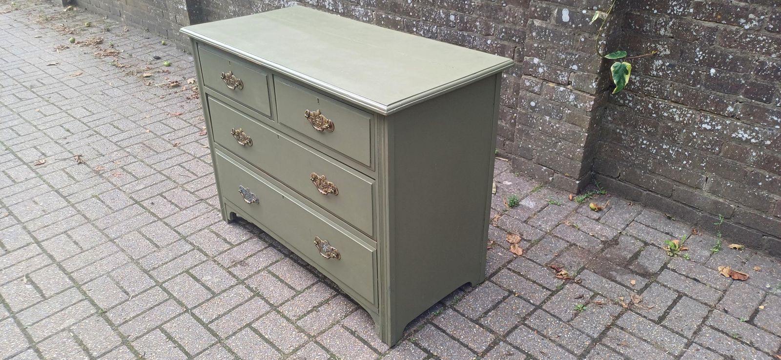 photo for sale Vintage Olive Green Chest Of Drawers Hand Painted Antique Style Storage With Brass Handles Bedroom Furniture Shabby Chic Free Hand Delivery