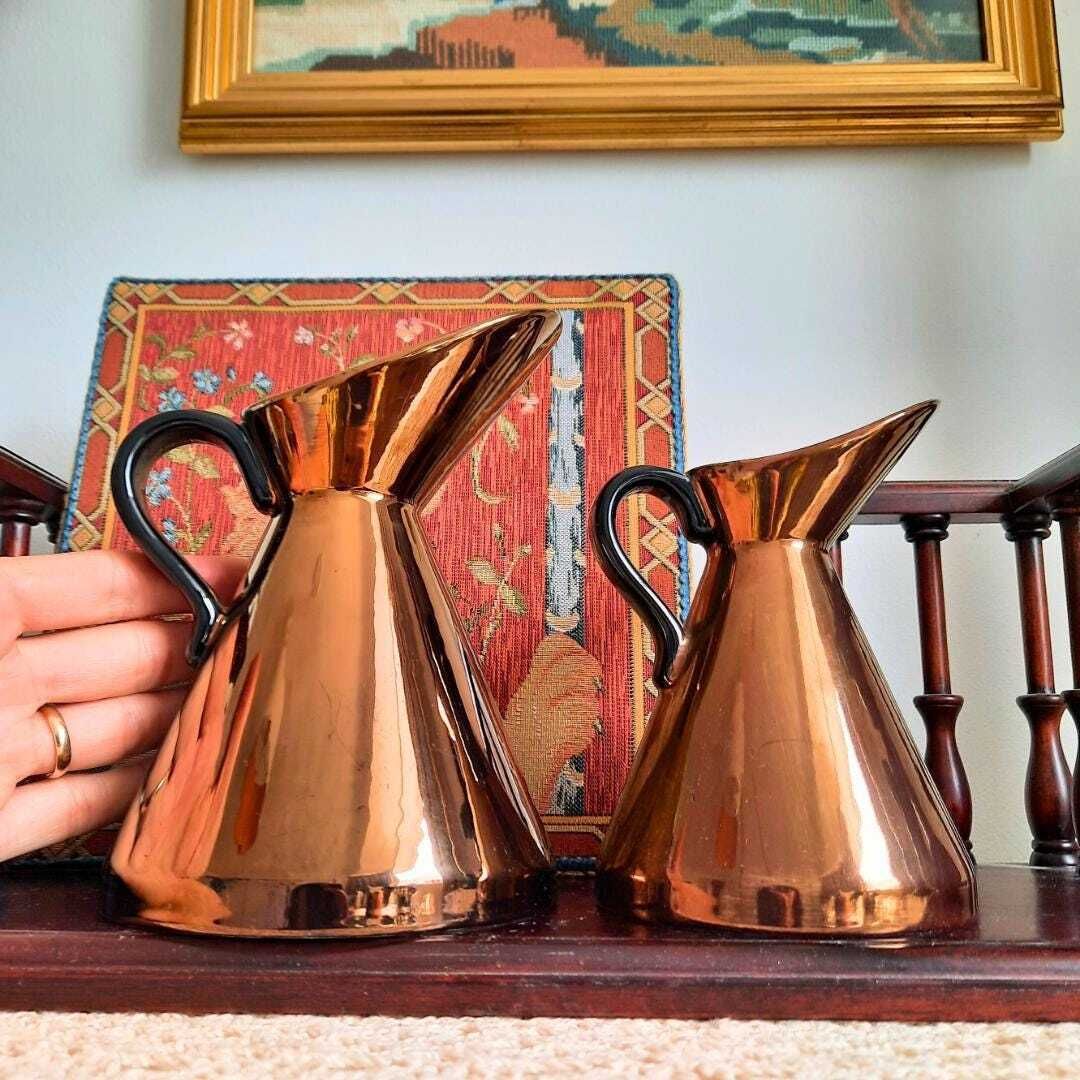 Mid Century Beswick Pottery Copper Lustre Jugs Pair Shape 1553 1 And 2 Sizes 1950's. photo vinterior