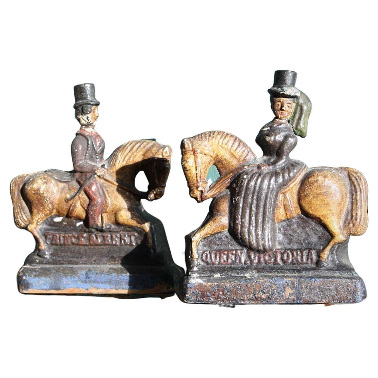 Circa 1850 Folk Art Carvings Of Queen Victoria & Prince Albert On Horseback