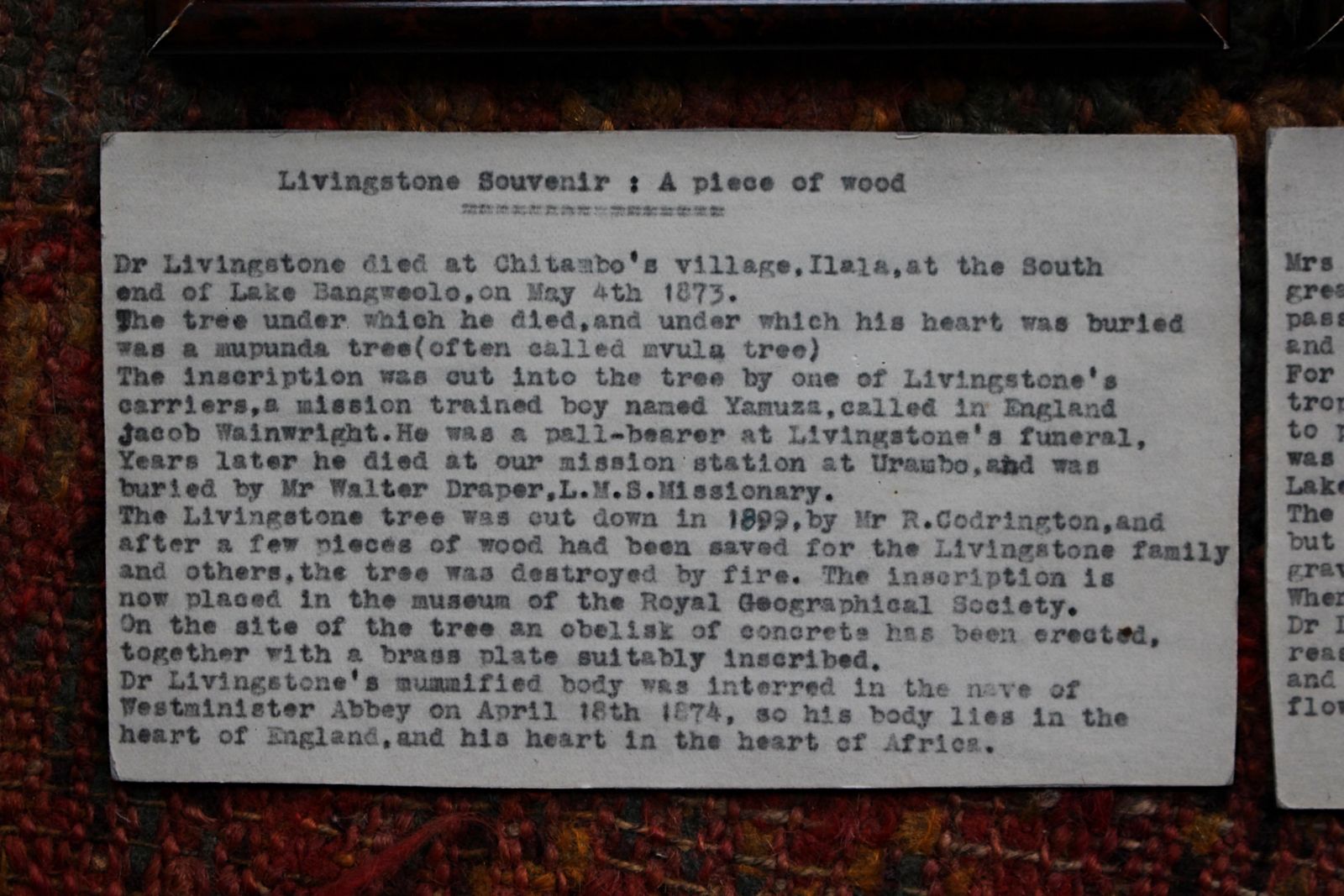 photo vinterior 19th Century Mary & David Livingston Memorial Relic Heart Buried Beneath 1896
