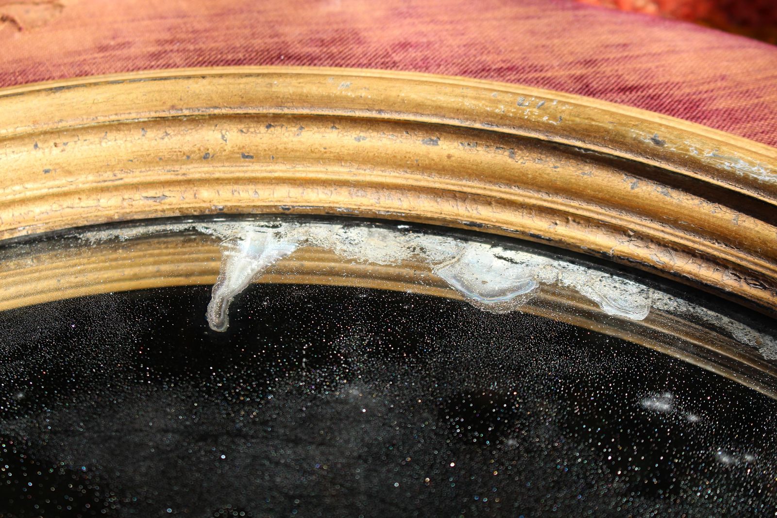 photo for sale 19th Century Faded Velvet Foxed Mercury Convex Country House Mirror
