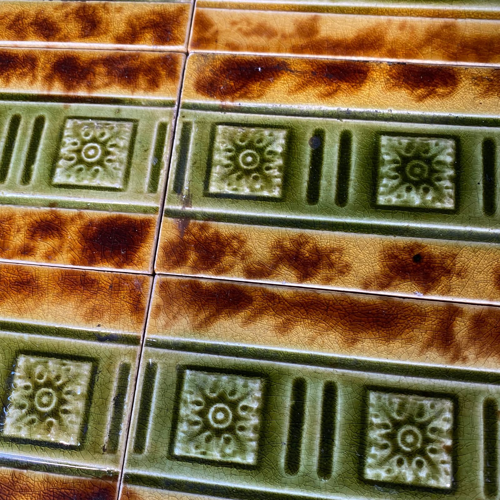 Antique Majolica Tin Plate Glazed Green Brown Embossed Metro Style Tile Set Of 8 photo vinterior