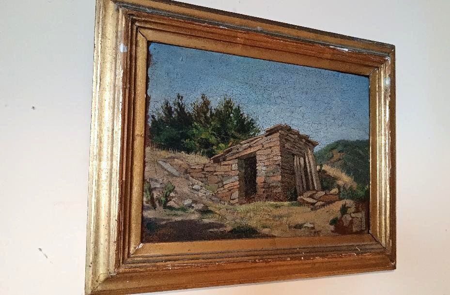 Oil On Cardboard Landscape Painting, Antique Frame From The Early 1900s photo furniture
