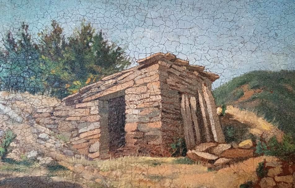 Oil On Cardboard Landscape Painting, Antique Frame From The Early 1900s photo Art
