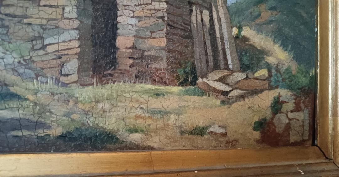 Oil On Cardboard Landscape Painting, Antique Frame From The Early 1900s photo 201.0
