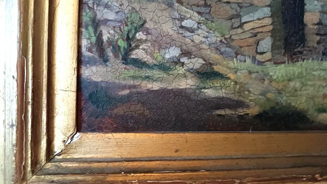 Oil On Cardboard Landscape Painting, Antique Frame From The Early 1900s photo vinterior