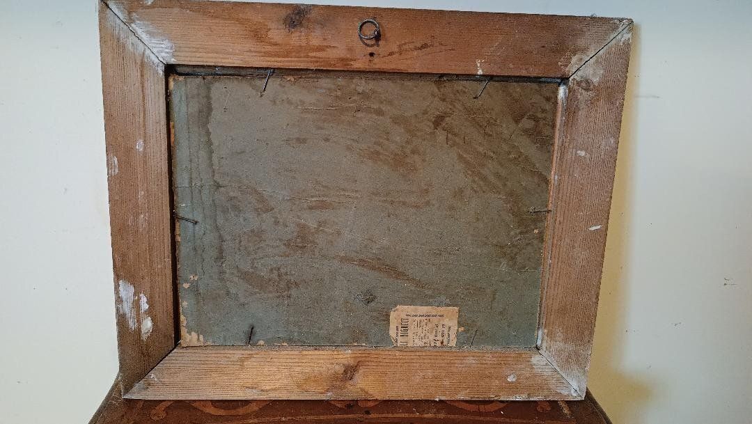 Oil On Cardboard Landscape Painting, Antique Frame From The Early 1900s photo vintage