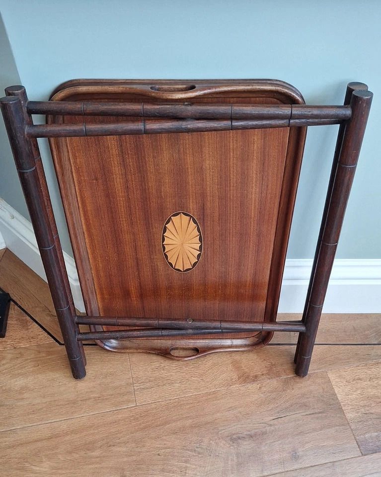 Antique Mahogany & Satinwood Sheraton Revival Inlaid Butlers Tray & Folding Stand photo for sale