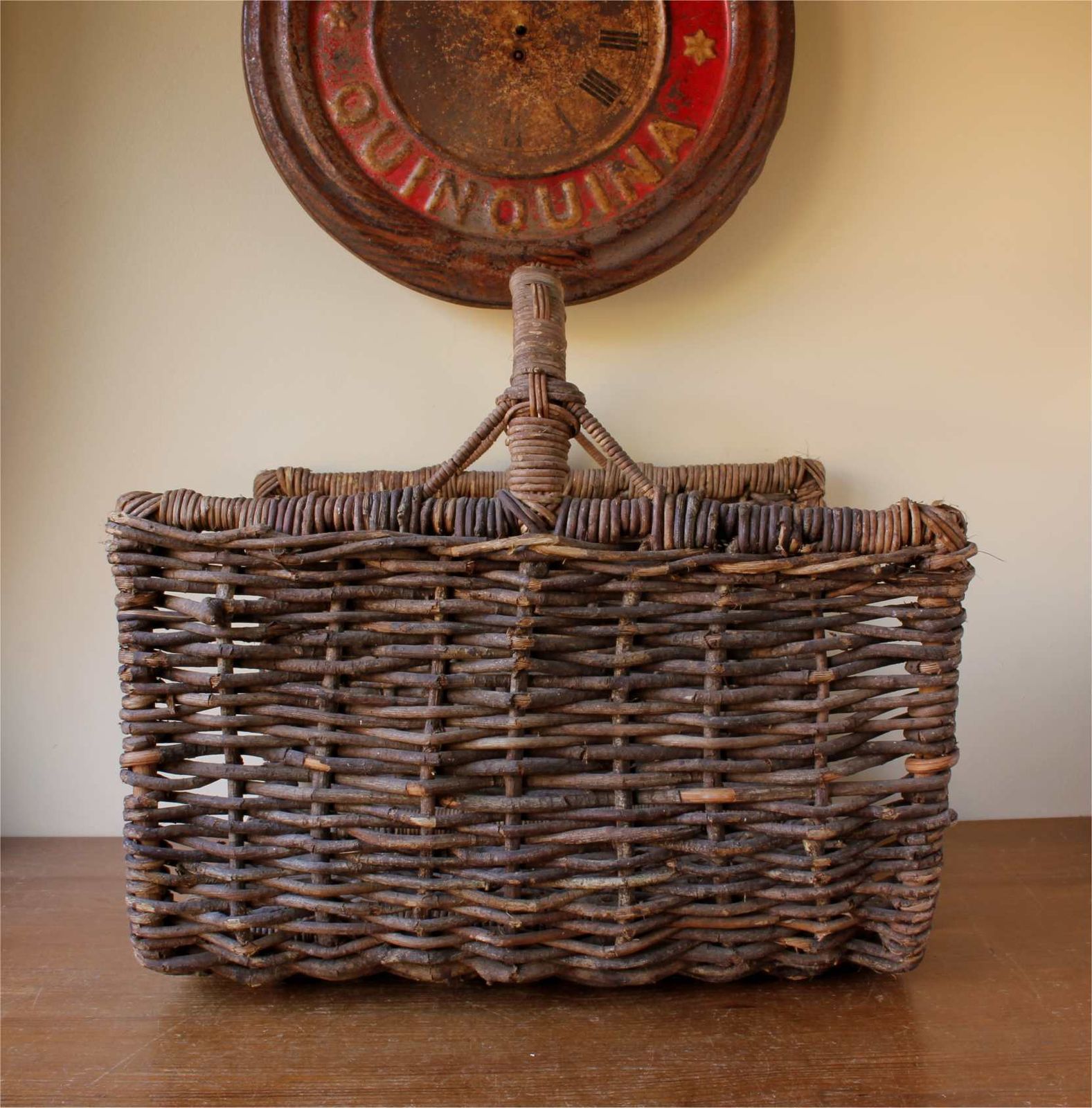 Large Rustic Open End Wooden Log Bin. Hand Woven French Harvest Basket. photo buy
