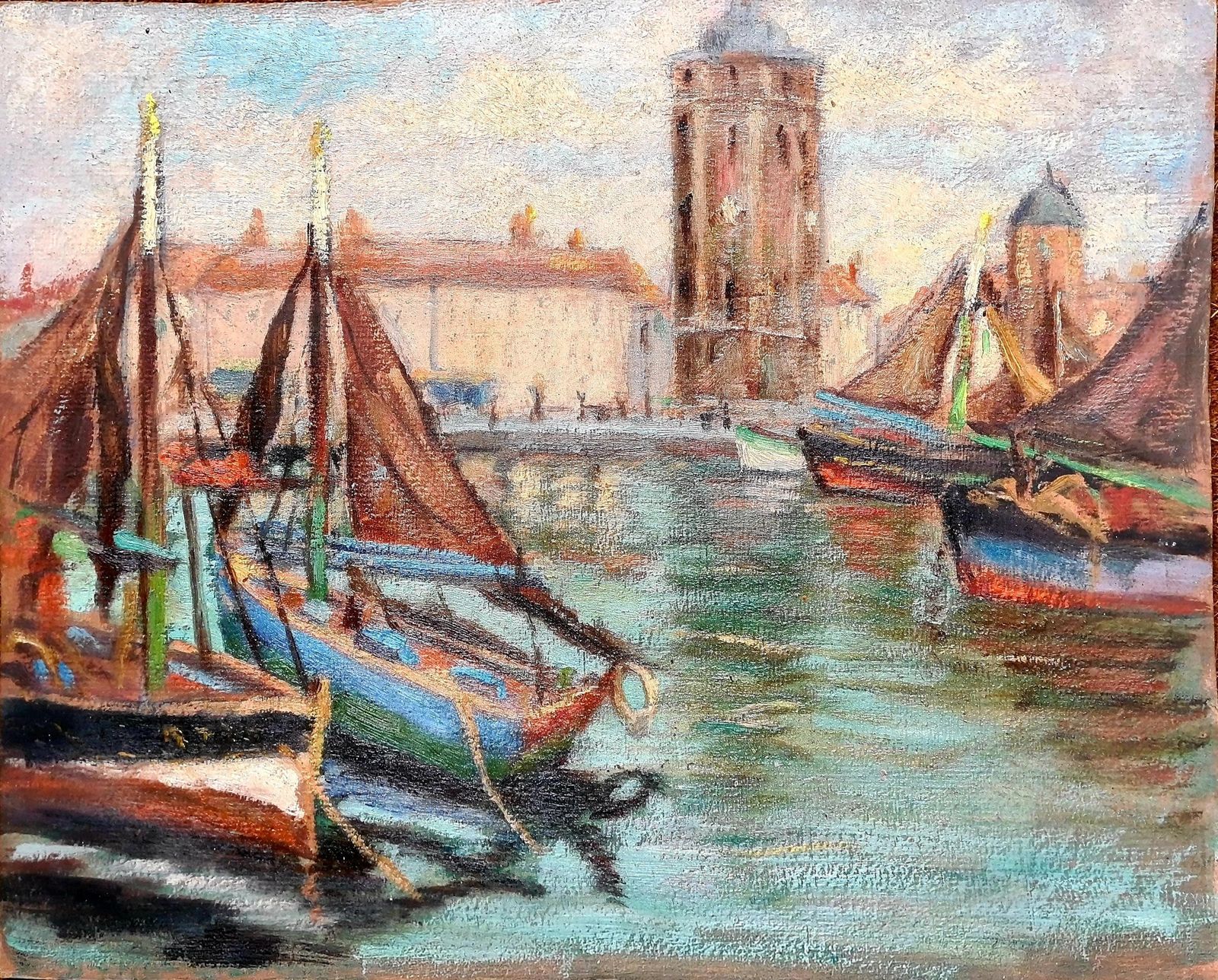 French Impressionist Barbizon School Oil On Board, The Port With Sailboats From The 1930s By Georges Guerin