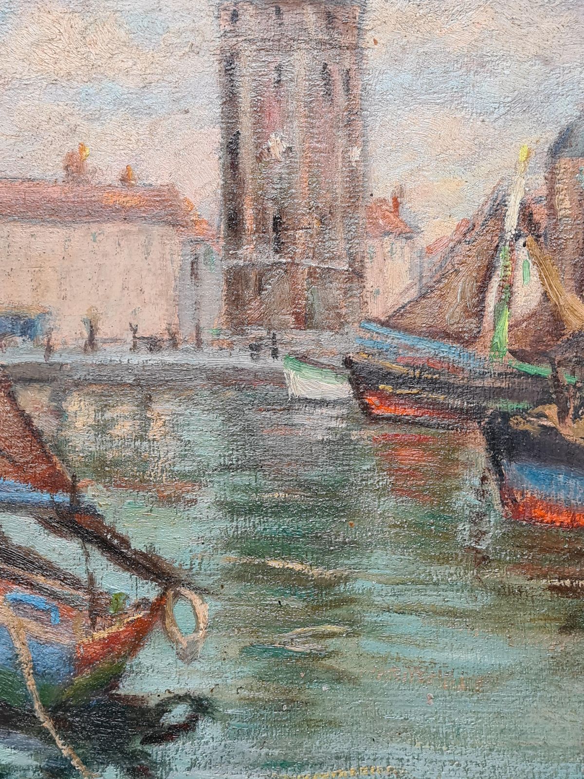 French Impressionist Barbizon School Oil On Board, The Port With Sailboats From The 1930s By Georges Guerin photo for sale