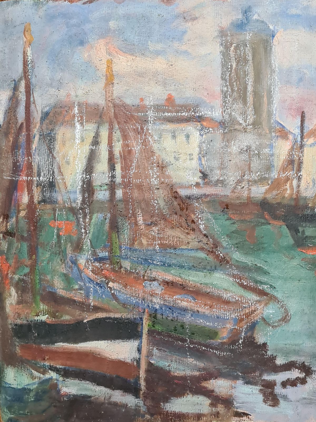 French Impressionist Barbizon School Oil On Board, The Port With Sailboats From The 1930s By Georges Guerin photo vintage