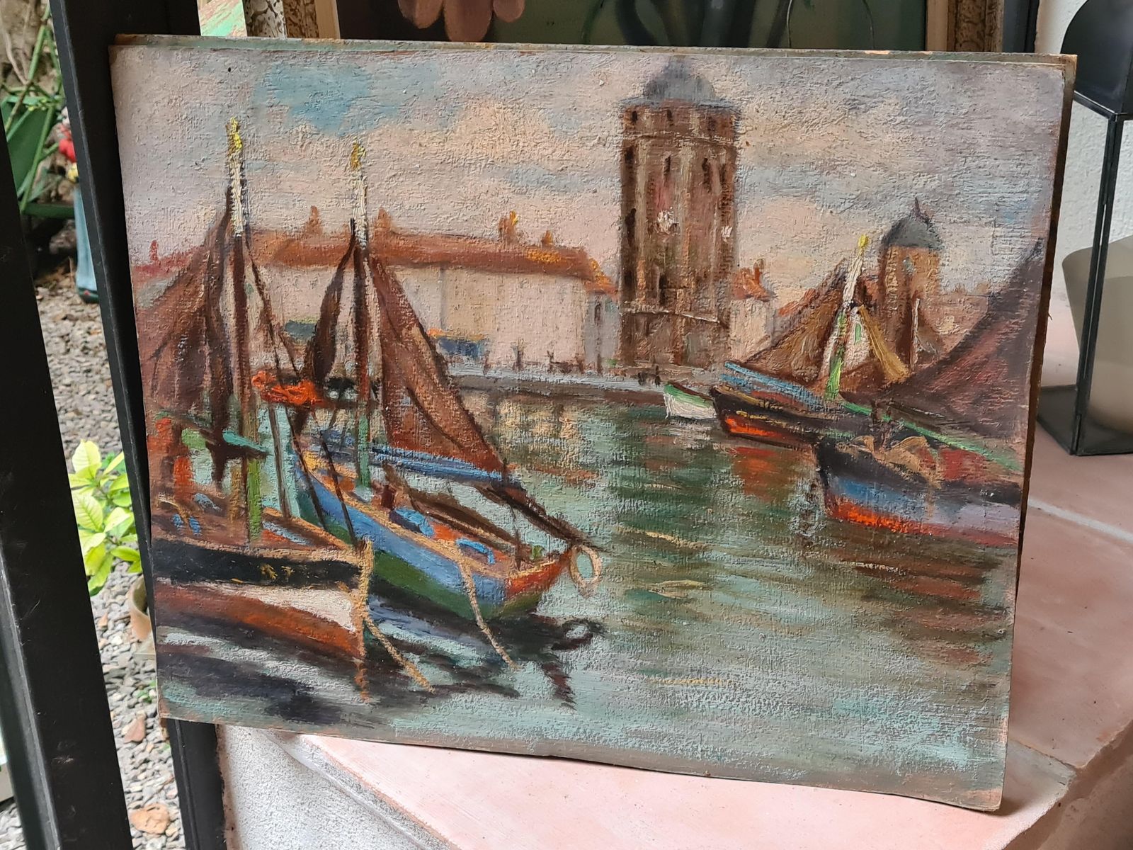 photo furniture French Impressionist Barbizon School Oil On Board, The Port With Sailboats From The 1930s By Georges Guerin