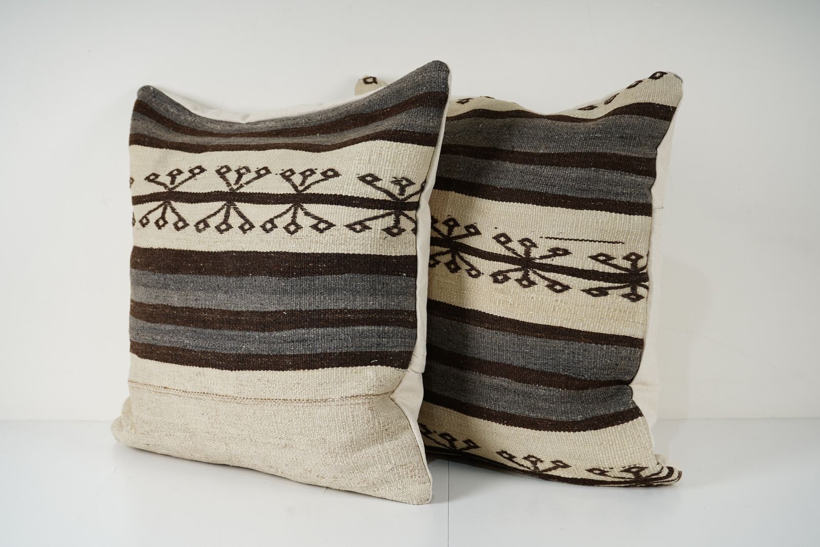 Turkish Hemp Kilim Pillow Cover, Set Of Two Gray And White Striped Anatolian Cushion Cover, Pair Organic Tribal Pillowcase photo furniture
