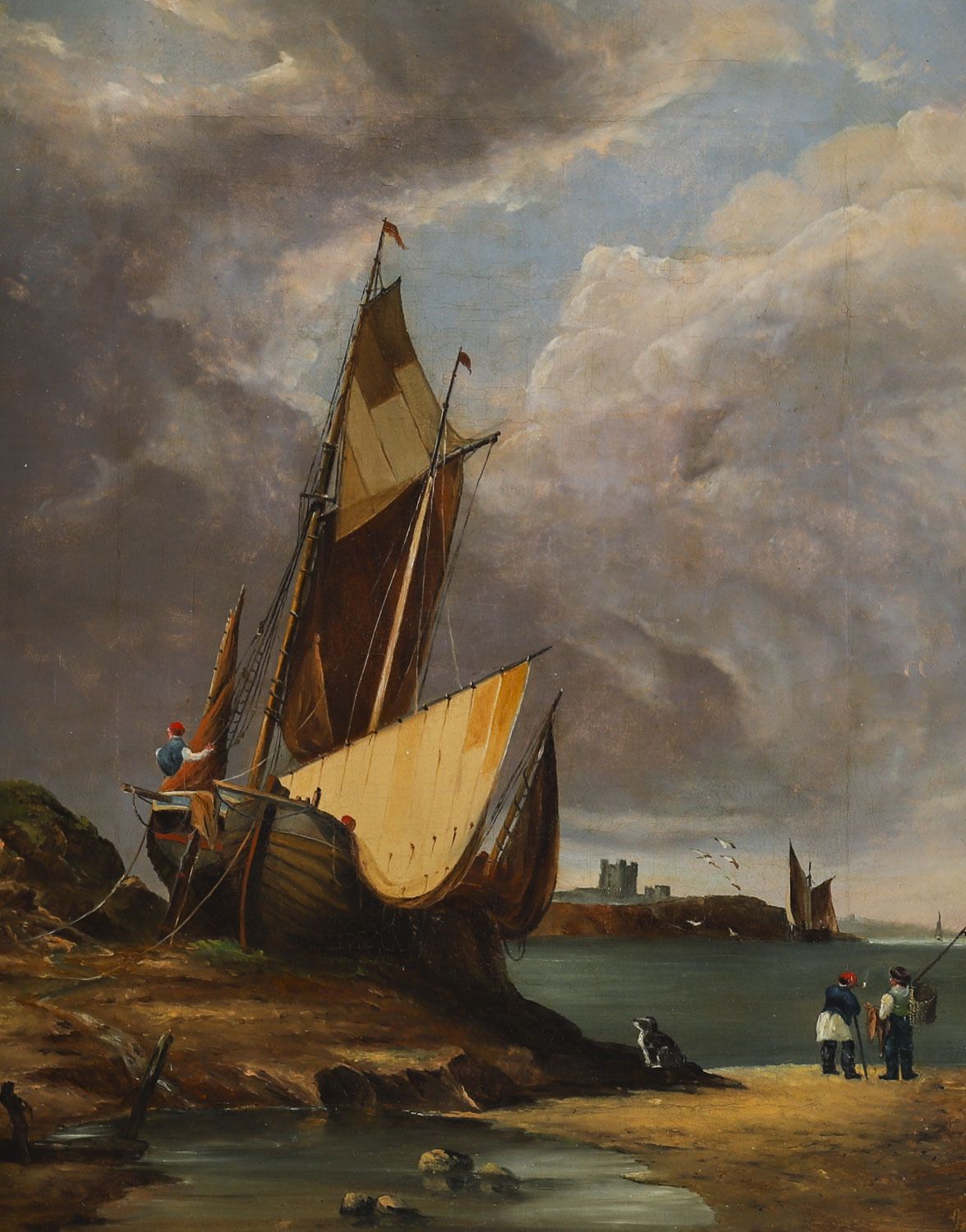 Art Antique Pair Of Coastal Scene Maritime Oil Paintings  19th Century photo