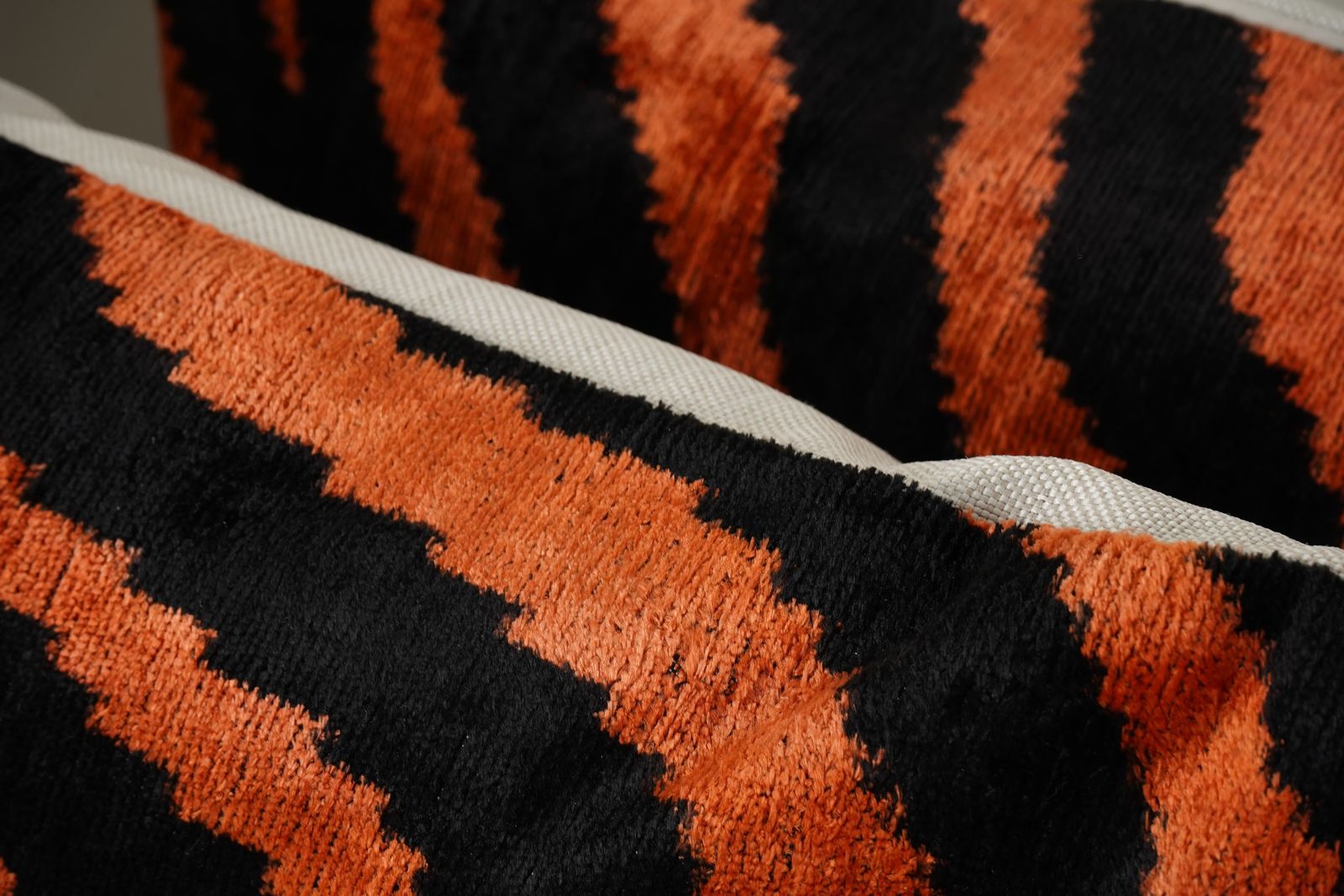 Silk Ikat Velvet Pillow Cover Set | Vermilion & Black Tiger Print Lumbar Pillows | Decorative Cushion Covers photo for sale