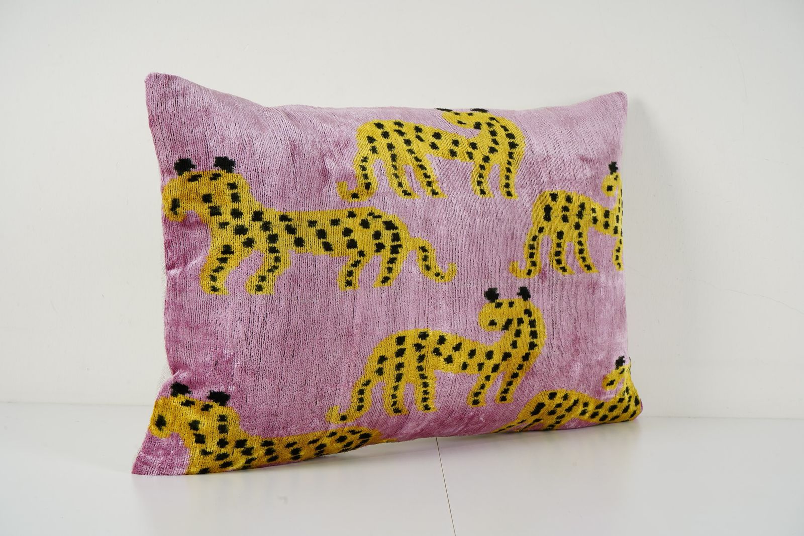 Pink Silk Ikat Velvet Pillow Cover With Cheetah Leopard Design   Boho Animal Print Decorative Cushion photo 72.0