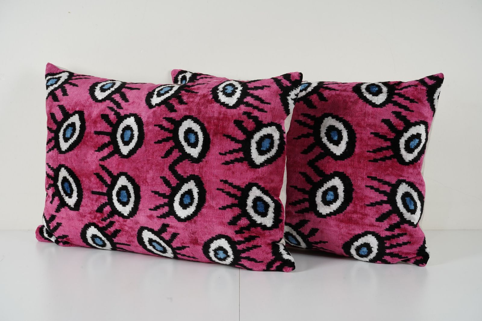 Pink Ikat Velvet Pillow Cover Set Of 2, Nazar Eye Pattern Bohemian Cushion Covers, Accent Throw Pillows For Sofa & Bedroom photo for sale