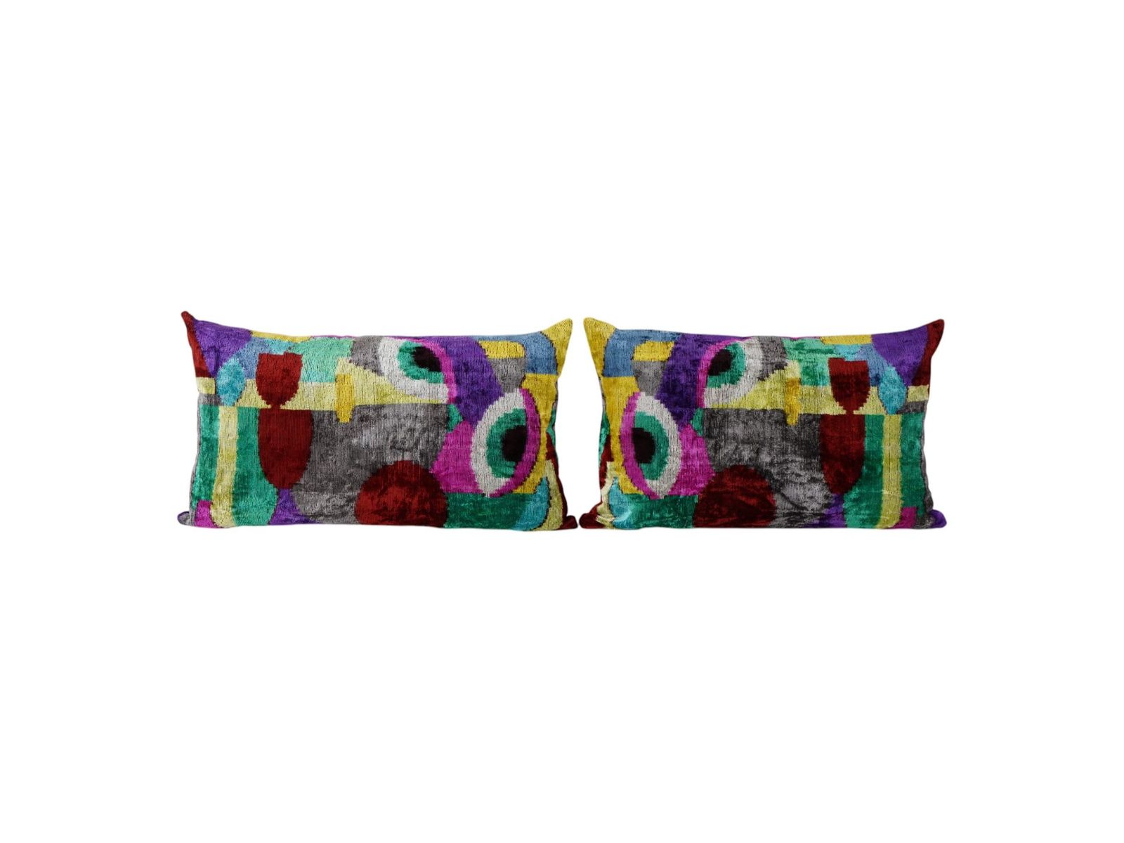 Silk Ikat Velvet Cushion Cover Set   Colourful Abstract Throw Pillow Cover   Home Decor Set