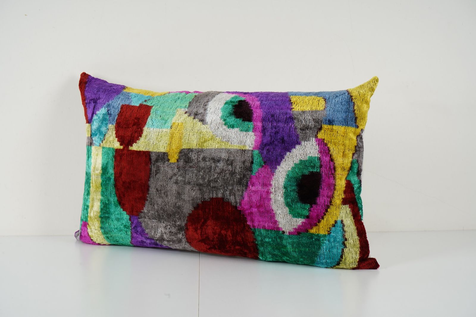 Colourful Silk Ikat Velvet Pillow Cover   Boho Abstract Throw Pillow   Handwoven Uzbek Lumbar Cushion 1 photo furniture