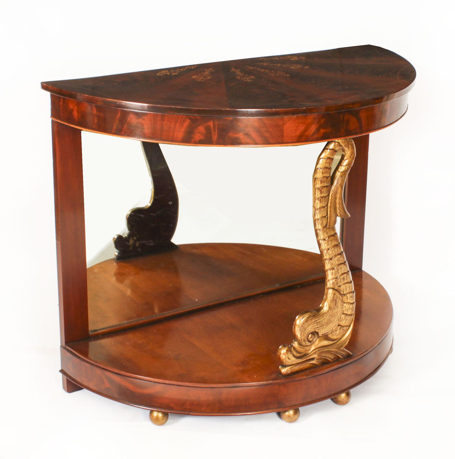 Antique Italian Flame Mahogany Giltwood Dolphin Console 19th C