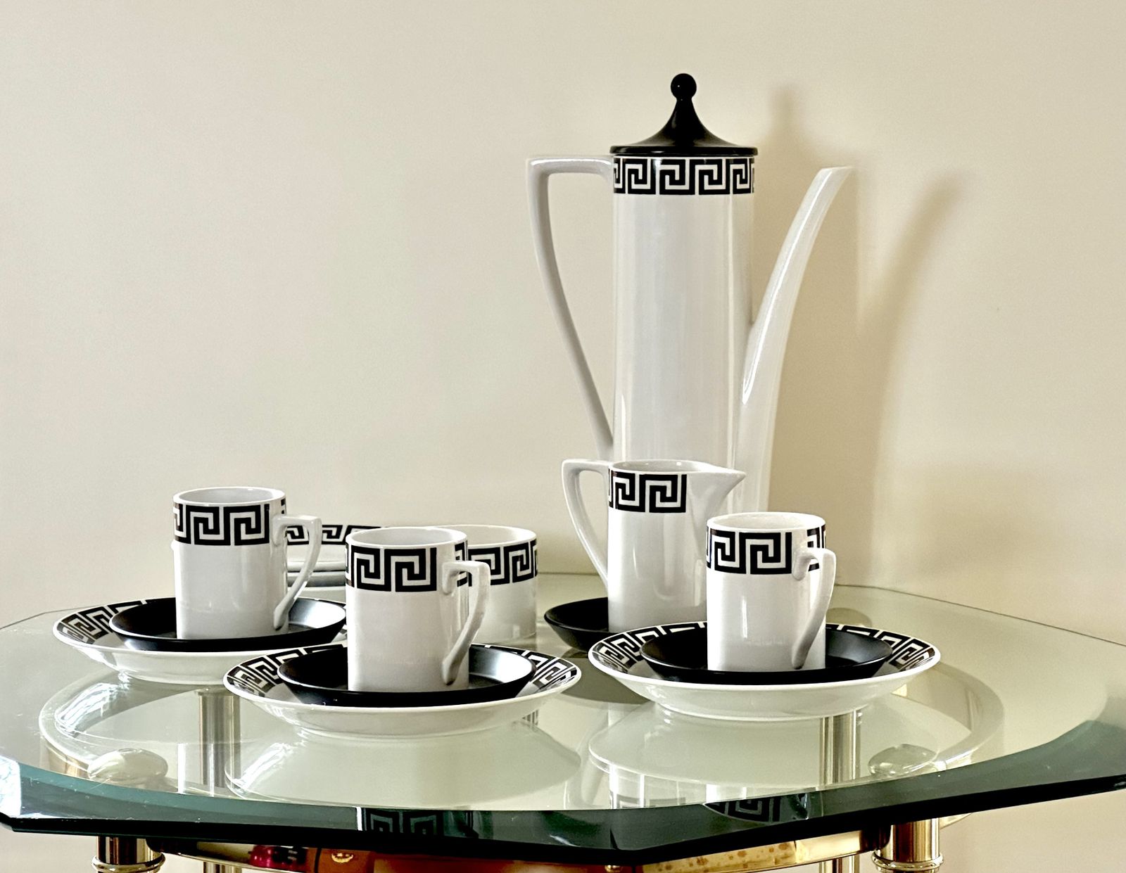 Portmeirion Susan Williams Ellis Greek Key Coffee Set. Black On White Ground. C.1962