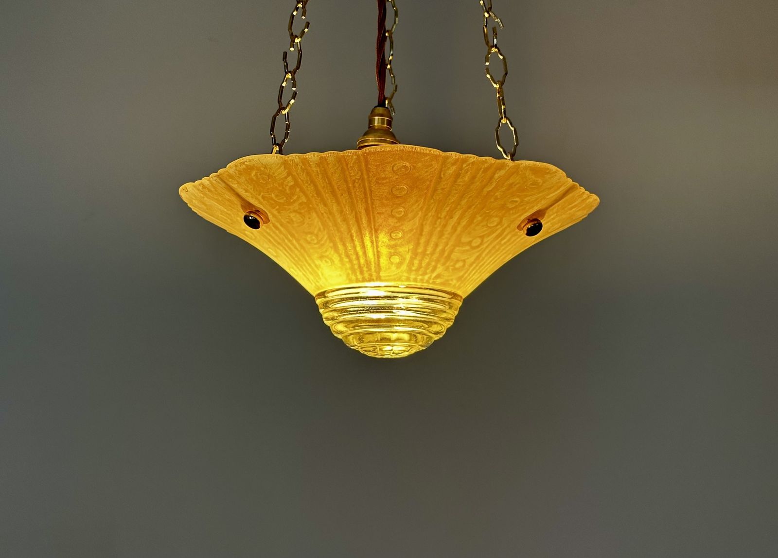 photo vintage Art Deco Period Fluted Glass Ceiling Plafonnier Restored And Ready To Be Placed.Circa 1930.