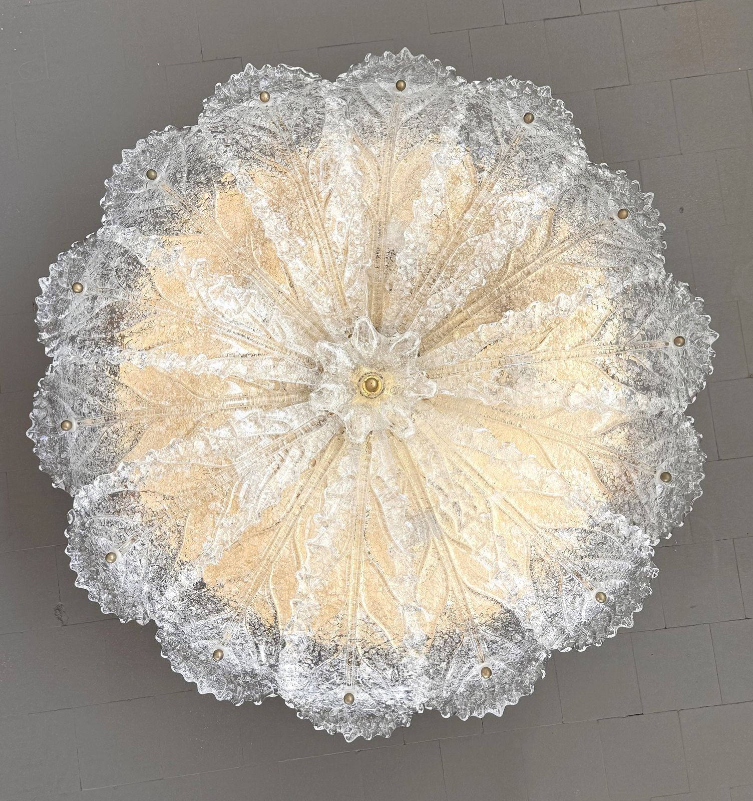 Italian Xl Midcentury Flush Mount Chandelier With Grit Murano Glass, 1970s photo 1900.0