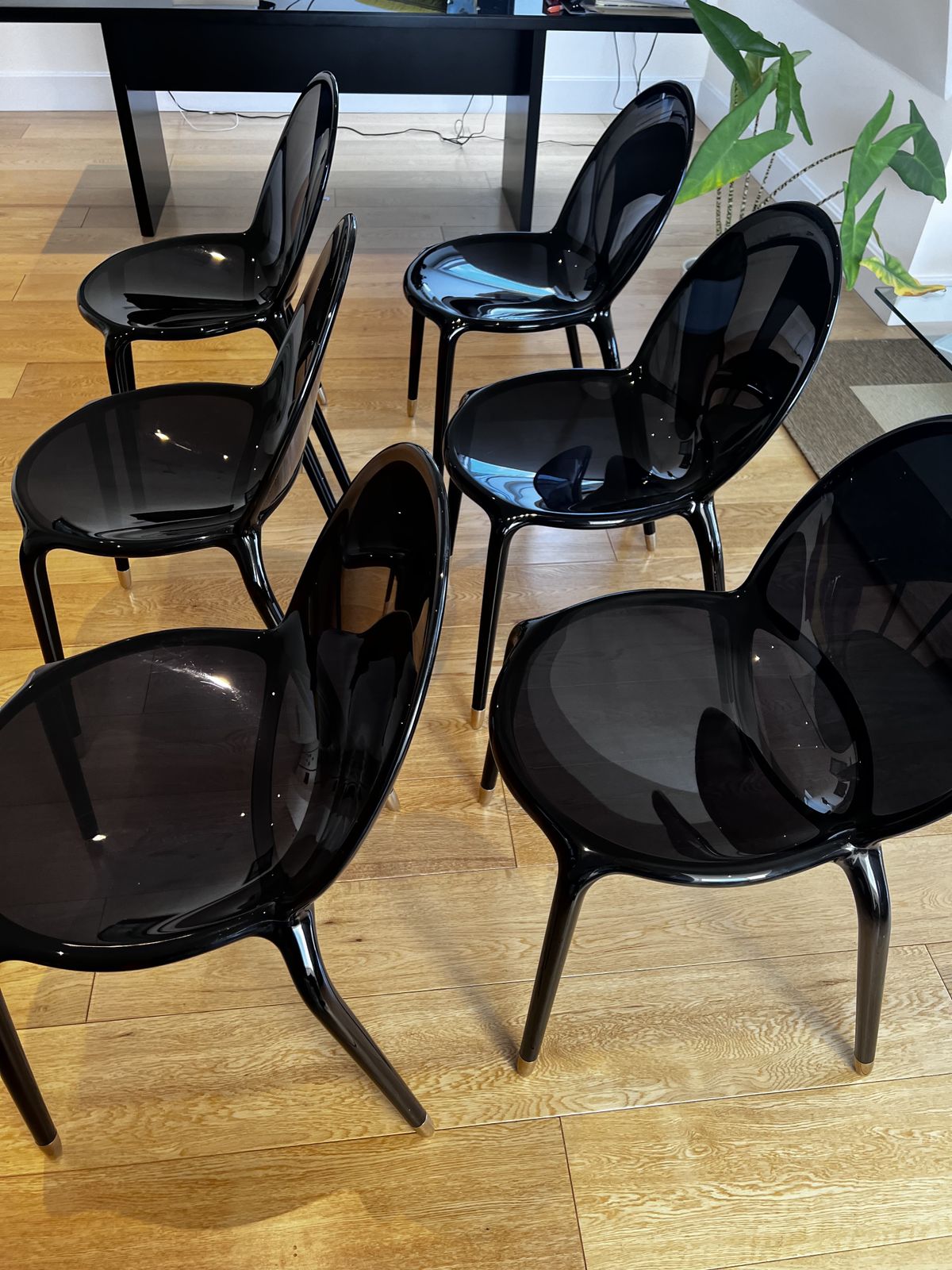 Set Of 6 Roche Bobois ‘Loop’ Dining Chairs – Black Gloss With Polished Gold Feet photo furniture