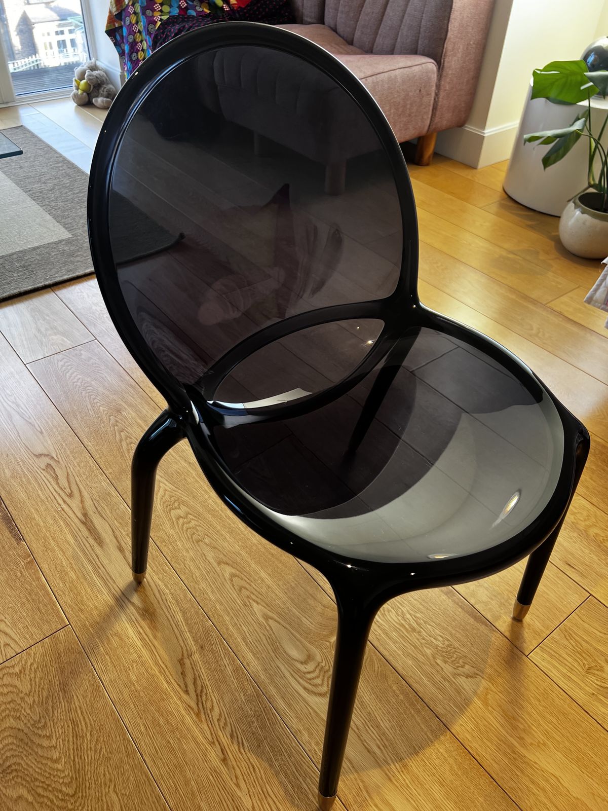 Set Of 6 Roche Bobois ‘Loop’ Dining Chairs – Black Gloss With Polished Gold Feet photo Furniture