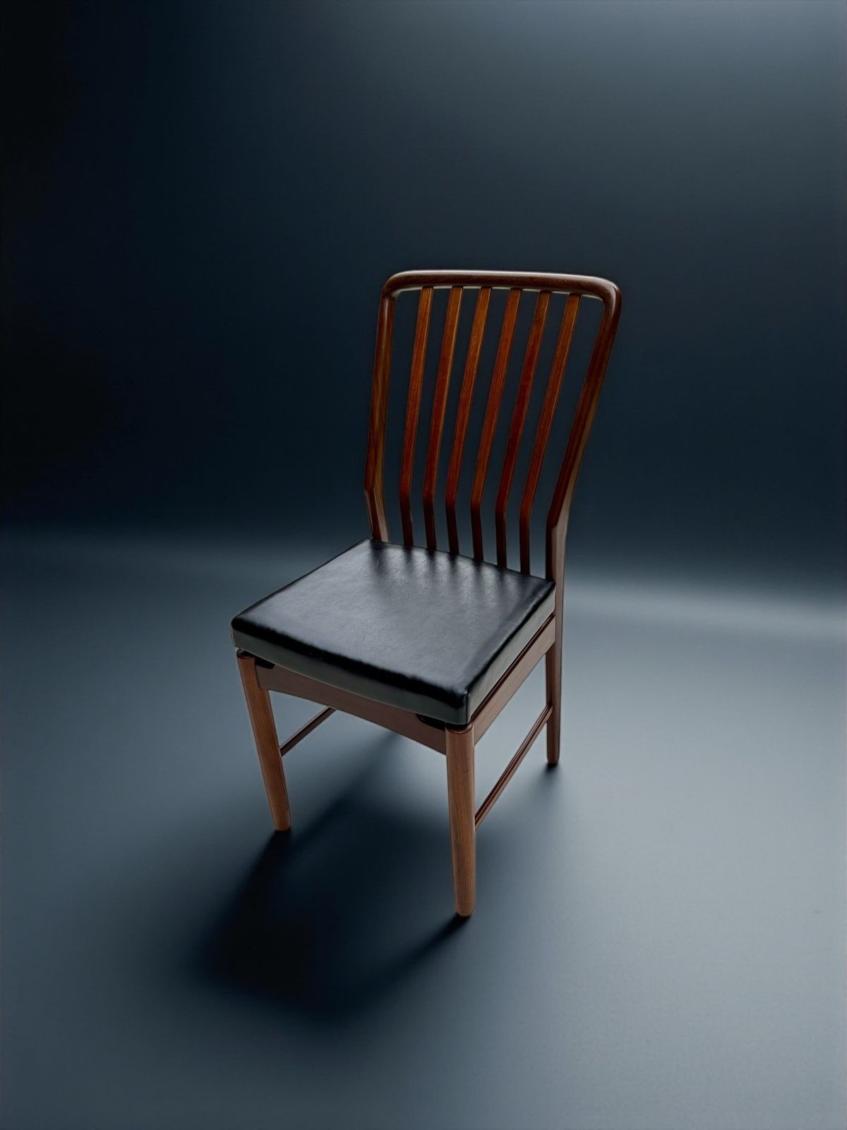 photo furniture Svend Aage Madsen Stick Back Chair In Teak & Leather, Denmark 1950's
