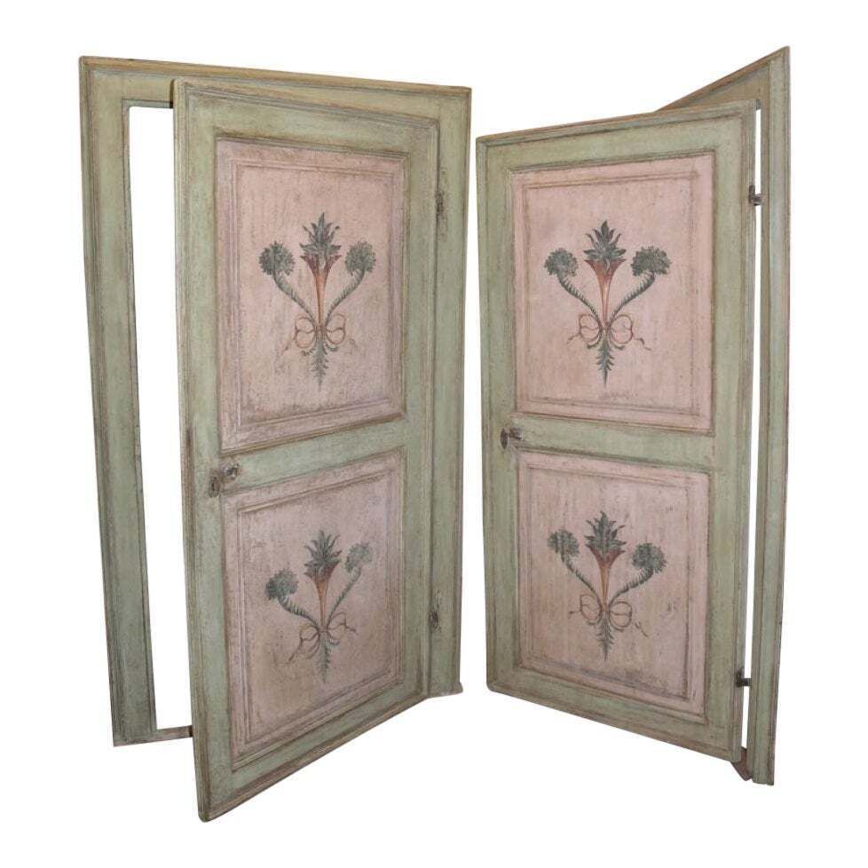 Set Of N.2 Doors Green And Pink With Frames, Hand Painted, Italy