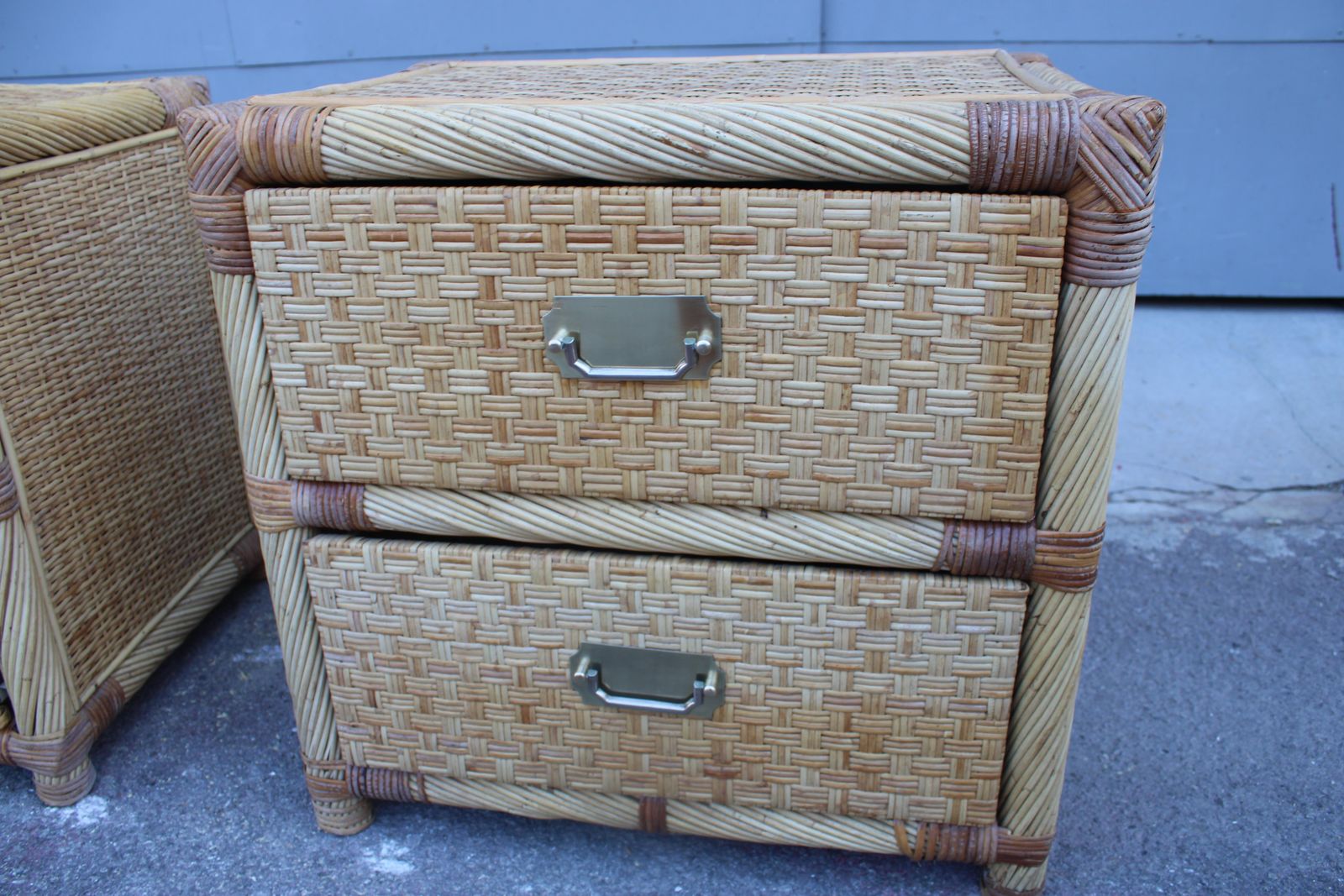 photo for sale Pair Of Bedside Tables In Bamboo Wicker Italy 1970 Tommaso Barbi