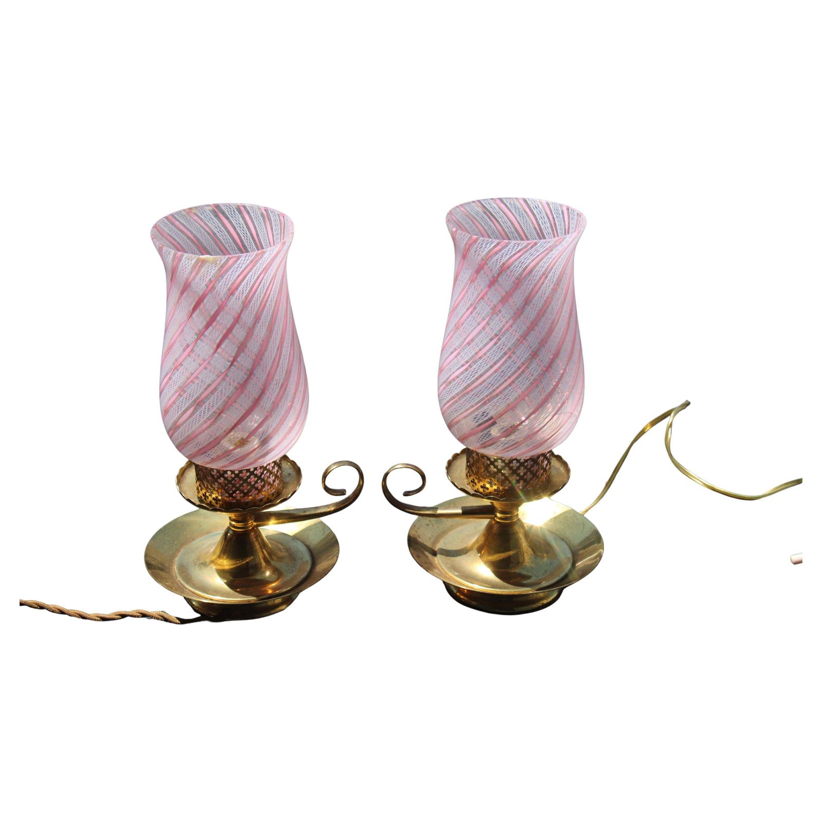 Pair Small Bedside Lamp Dino Martens For Toso 1950s Murano Pink Brass
