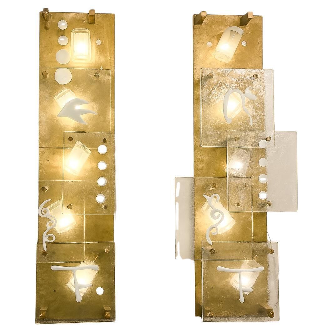 Mid Century Modern Pair Of Wall Lights, Glass And Brass, Italy