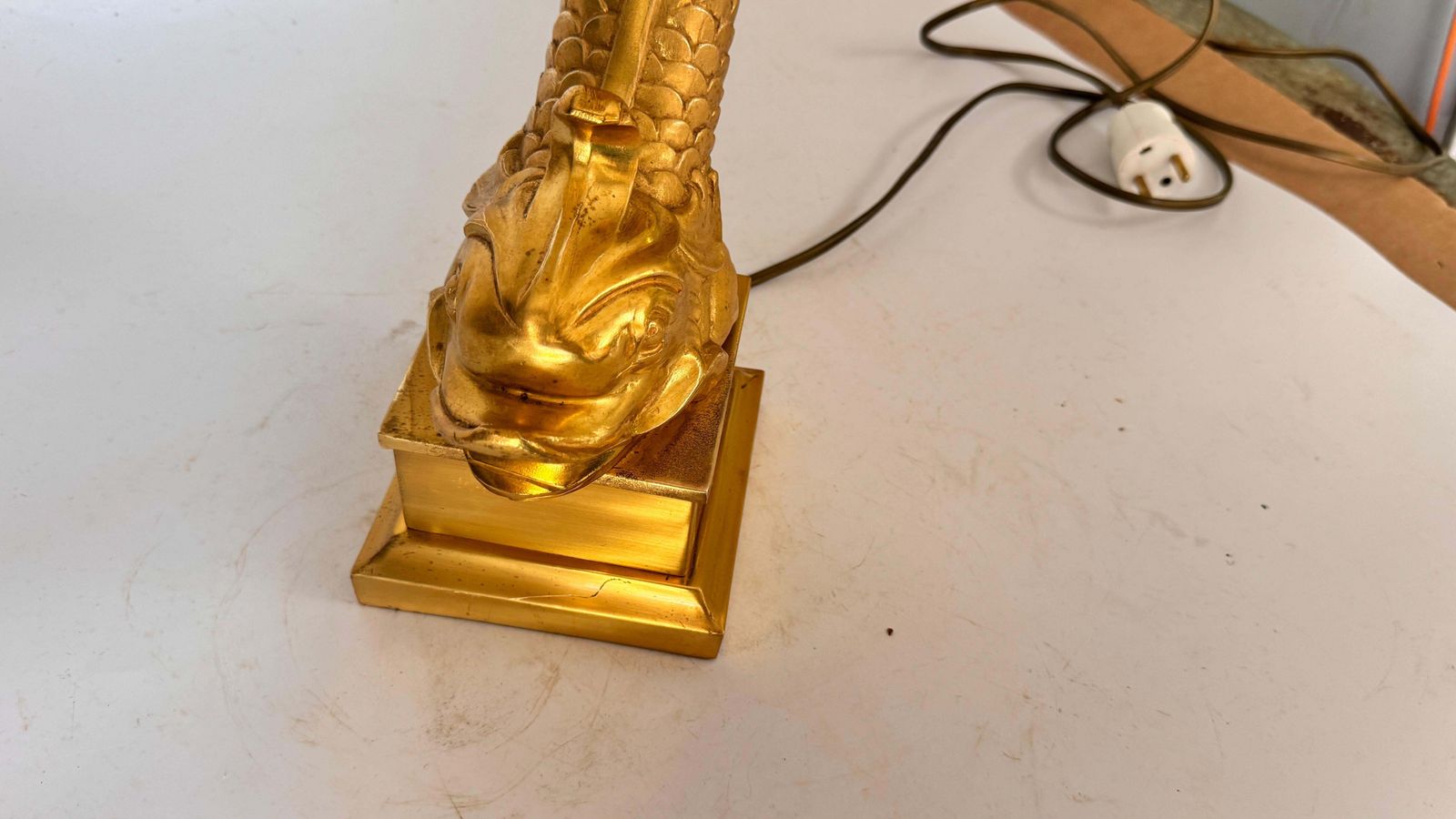 Large French Brass & Gilt Metal Fish Table Lamp – 1970s photo vintage